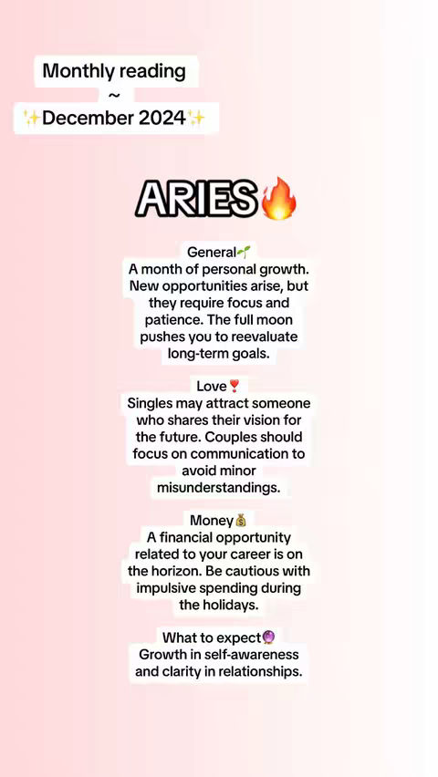 The cover image is a vertically oriented graphic, set against a light pink background. The top section features a banner that reads "Monthly reading", followed by a series of symbols and the text "December 2024". Below, centered and in bold font, is the zodiac sign "ARIES", accompanied by a flame symbol. The rest of the image is filled with text detailing predictions related to general life aspects, love, and finances and what Aries can expect in December.