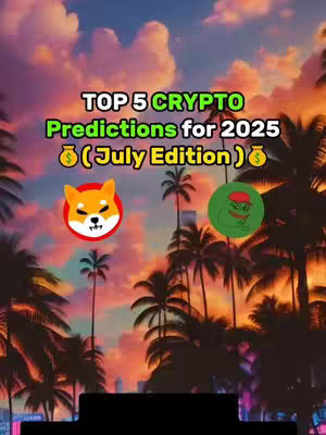 The cover image features a stylized landscape under a sunset sky, with silhouetted palm trees in the foreground, a suggestion of a city skyline at the bottom, and overlaid text in a bold, playful font at the top. Two cartoonish crypto-related graphics are featured near the middle of the image.