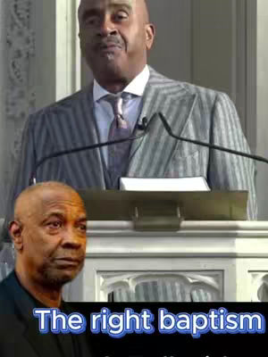 The image shows two men. The main focus is on a man in a black suit with a black background, sitting in front of a white background with text at the bottom, superimposed on a man standing in front of a podium.
