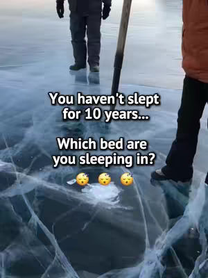 A shot of a frozen landscape, with figures standing on the ice. Text overlays are on screen asking the viewer questions.