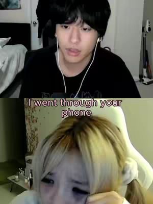 The cover image is split horizontally. The top half shows a young, Asian-looking man in a black shirt looking concerned and wearing wired earbuds. The bottom half shows a young woman with blonde hair, looking downward with a forlorn expression. The text overlay on the bottom says 'I went through your phone' in a pink-purple font.