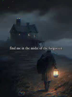 An atmospheric image of a shadowy figure walking towards a house with lights on from outside that has text overlaid at the center of the image.
