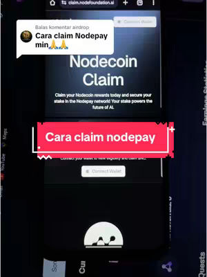 The cover image displays a mobile phone screen with a website titled 'Nodecoin Claim' and instructions to claim rewards. A text overlay 'Cara claim nodepay' is prominently featured. In the top left is a comment box with text over the screenshot. The layout is simple and straightforward, showing what looks like a tutorial.