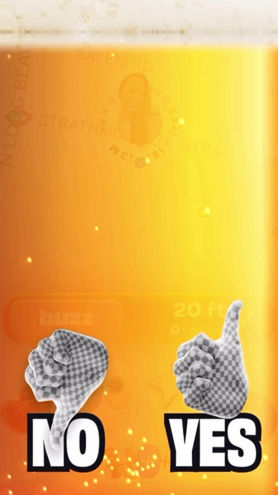 The cover image is a vertical shot with an orange and yellow gradient background, reminiscent of a liquid like beer or sunlight. Bubbles float through the liquid, there are the words 'NO' and 'YES' at the bottom with thumbs up and thumbs down with the same checkboard pattern  graphic elements in a three-dimensional style, and a profile of a woman overlaid on the image.