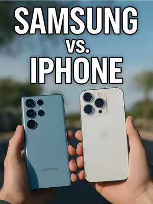The cover image shows a side-by-side comparison of two smartphones held in hands against a blurred natural background. The phones are a light blue Samsung Galaxy S25 Ultra on the left and a white iPhone 16 Pro Max on the right. Above them, the text 'SAMSUNG VS. IPHONE' is prominently displayed in a bold, white font with black outlines. The hands holding the phones are visible but not the main focus, and the overall composition suggests a tech comparison video.