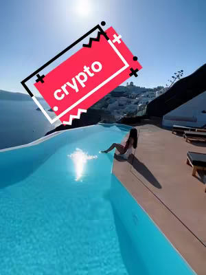 A woman sits on the edge of an infinity pool overlooking a scenic coastal view under a bright sunny sky. A text overlay indicates the subject is about Crypto.