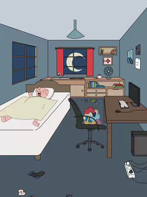 An illustrated image depicts a cartoon pig character sleeping in a messy room. The pig is in a bed. The background is a room with a window and a computer setup. The overall composition suggests a humorous take on the crypto lifestyle.