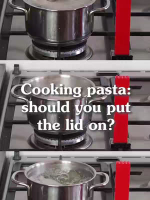 A three-panel image featuring a cooktop with a pot in the center. The top and bottom panels show the pot with a lid on and off, respectively, while the middle panel features text asking, "cooking pasta: should you put the lid on?"