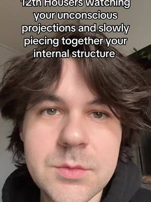 A close-up shot of a fair-skinned man with brown hair. Text overlayed on top reads, '12th Housers watching your unconscious projections and slowly piecing together your internal structure'. The man has short, unkempt brown hair, green eyes, and a neutral expression. He's wearing a black hoodie. The background is simple and out of focus.