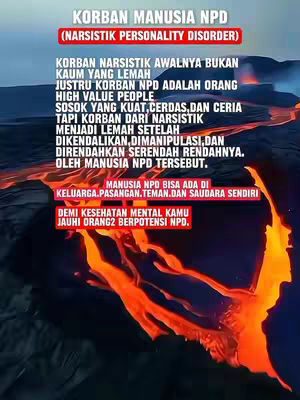 A text-based graphic over an abstract background. The background is a dark gradient with orange streaks resembling flowing lava or energy. Overlaid on this is a block of text in white font with red highlights in the form of a list, summarizing the characteristics of victims of narcissistic personality disorder. There are also text overlays related to the video's context.
