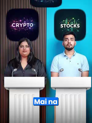 The cover image is a split screen presentation. The left side features a woman speaking at a podium, overlaid on a scene highlighting the word "CRYPTO" in a neon style against a dark background. The right side shows a man at a podium with the word "STOCKS" in a neon style against a teal background.