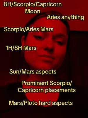 The cover image is highly stylized with a red hue, potentially suggesting a theme of passion or warning. A woman's face is the central element, and multiple lines of white text overlay the image, suggesting astrological concepts. The overall composition is simple, focusing attention on the face and the text elements to direct viewers.
