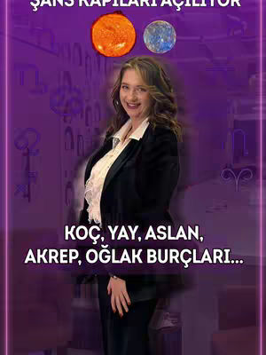 The cover image features a woman in a business suit standing in front of a blurred background, likely indoors. Above her, two stylized celestial bodies are visible. Text at the bottom highlights zodiac signs, and more text at the top suggests a theme related to opportunities.