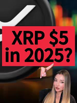 A female creator is pointing towards a red rectangle with the text "XRP $5 in 2025?" on it. The background has the XRP logo and blurred financial charts. The creator has long blonde hair, and she is wearing a black top.