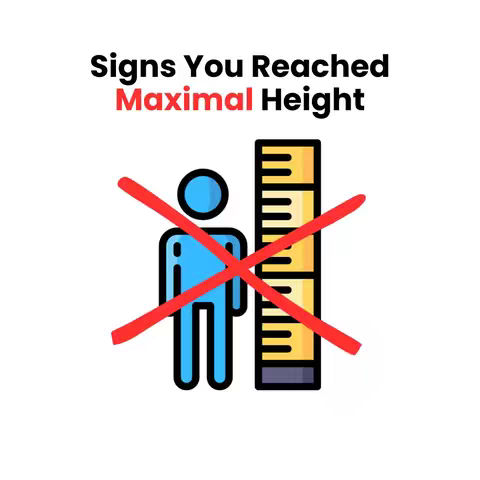 The image shows a white background with the text overlay "Signs You Reached Maximal Height" in black, with "Maximal Height" in red. Below this, a stick figure with cross-through lines from the top-left to the bottom-right is on the left, and a height measuring stick with cross-through lines is on the right.