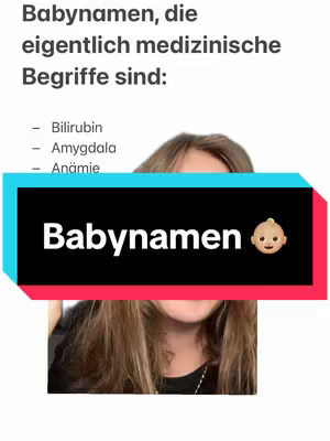 The cover image features a woman's face with text overlays. The main text overlay reads 'Babynamen' in white, bold font on a black rectangle accentuated by a cyan and magenta gradient border. Below the text is a baby emoji. Above the woman's face is a list of potential baby names in medical terminology