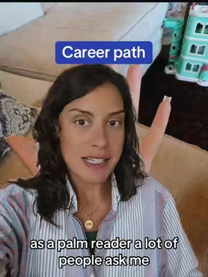 A woman with dark hair and a striped shirt is speaking to the camera. A blue rectangle with white text that says "Career path" is in the top center. The background features blurred out interior elements.