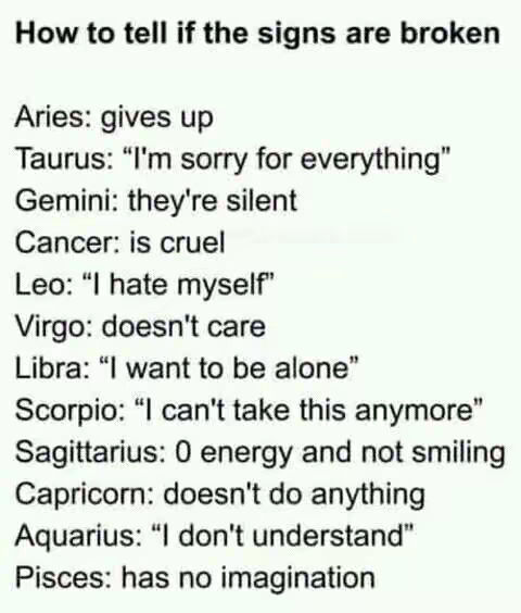 The cover image is a white background with black text. The text presents a list titled "How to tell if the signs are broken." Each line lists a zodiac sign followed by a phrase or action that represents the sign when "broken."