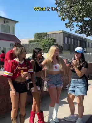 The image shows a group of five young women posing outdoors on a sunny day. They stand on a paved area, with a brick wall and a building visible in the background. The women are dressed in casual, trendy outfits; some wear athletic-style tops and shorts. The composition is bright, with a natural, casual feel, suggesting a candid moment or a casual photo session.