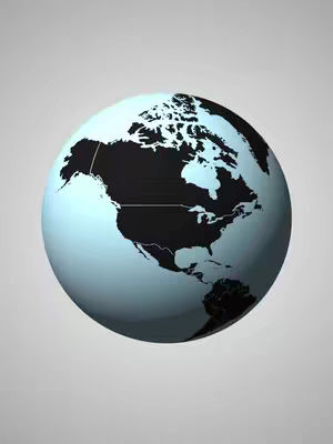 A 3D rendering of planet Earth, viewed at an angle. North and South America are highlighted in black against a light blue ocean. The background is a gradient of gray.