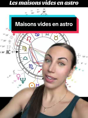 A woman is centered in the frame, smiling and speaking, with an astrological chart visible behind her, overlaid with text. The background features a light-colored wall and part of a white board with the chart.