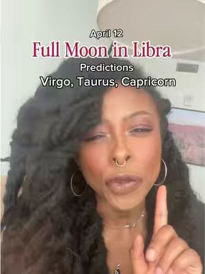 A woman with long, curly black hair and a nose ring is the central focus, pointing a finger at the camera. Overlayed text announces upcoming astrological predictions.