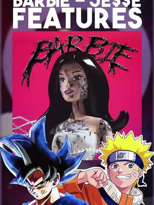 The cover image presents a stylized graphic with a bright pink background. The dominant visual element is a Barbie doll's face in the center, which is overlaid with tattoos. Above the doll, the word 'BARBIE' is displayed in a dripping, stylized font. The images of characters from popular anime shows are included, Goku from Dragon Ball Z and Naruto, are featured in the bottom corners.