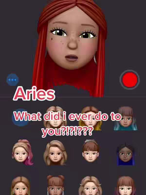 The cover image features a Memoji head with red hair and fair skin, positioned at the top, and a text overlay with the word 'Aries' in bold white with a pink outline. Below the main Memoji are various other Memoji heads arranged in two rows on a dark background.