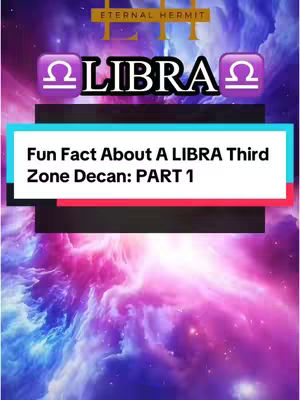A vertically oriented cover image featuring a cosmic nebula background in shades of purple, pink, and blue. Overlaid on the background are several elements. In the top section, the text "ETERNAL HERMIT" is in a golden hue. Below this, the word "LIBRA" is prominently displayed in a bold, sans-serif font, with astrological Libra symbols on either side. A white rectangular box with a light blue border at the bottom contains the text: Fun Fact About A LIBRA Third Zone Decan: PART 1, also in a clean, readable font. The overall composition is striking and utilizes color gradients to capture attention.