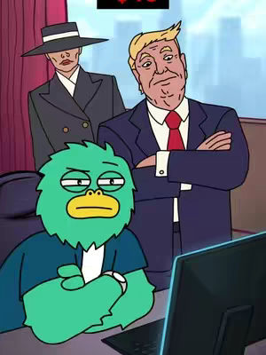 An animated image depicts three cartoon characters: a green creature with a surprised expression and crossed arms in front of a computer screen, Donald Trump standing with arms crossed, and a person in a fedora and suit looking on the side.