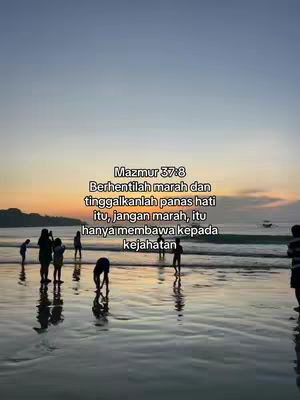 The cover image captures a serene beach scene at sunset. The sky transitions from golden hues near the horizon to a deeper blue above. Silhouetted figures of people are scattered across the wet sand. Text is overlaid, presenting a Bible verse.