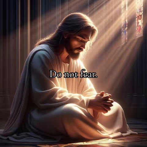 An image of a male figure resembling Jesus, kneeling in prayer with hands clasped. He is draped in white or cream-colored robes, and the setting appears to be a grand interior with sunlight streaming in from a window, illuminating Jesus and creating a halo effect. The text 'Do not fear' is overlaid in a simple, bold font.