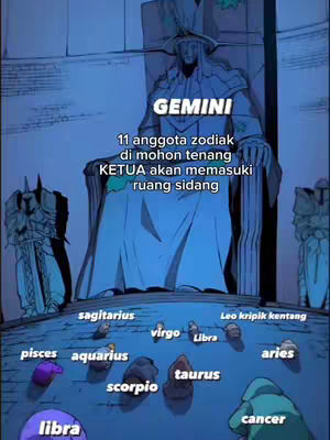 An illustrated image featuring an anime-style character sitting on a throne, with text overlays regarding zodiac signs. Characters representing different zodiac signs are placed in front of the throne.