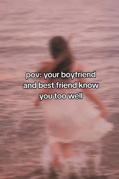 A person, likely female, is captured from the back, walking through a body of water, possibly the ocean. The image is soft and blurry, suggesting movement or a dreamy atmosphere. Text overlayed says "pov: your boyfriend and best friend know you too well".