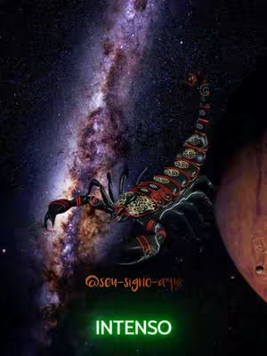 An illustration featuring a glowing green text "INTENSO" positioned at the bottom, with a dark background depicting a cosmos of swirling purple and blue hues. Centered on the image is a detailed depiction of a scorpion rendered in shades of black, red, and patterned gold. The scorpion is positioned horizontally with its stinger curved upward. A planet, likely Mars, is partially visible on the right side, and the Milky Way galaxy is prominently shown behind the scorpion.