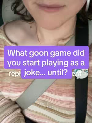 The cover image shows a close-up of a person's face, focusing on their lips and the lower part of their face. The person is wearing a patterned top with a seatbelt over it. A light purple text overlay is positioned across the center of the image, containing a question related to a game, with a small white graphic at the right. The background appears to be inside a vehicle.