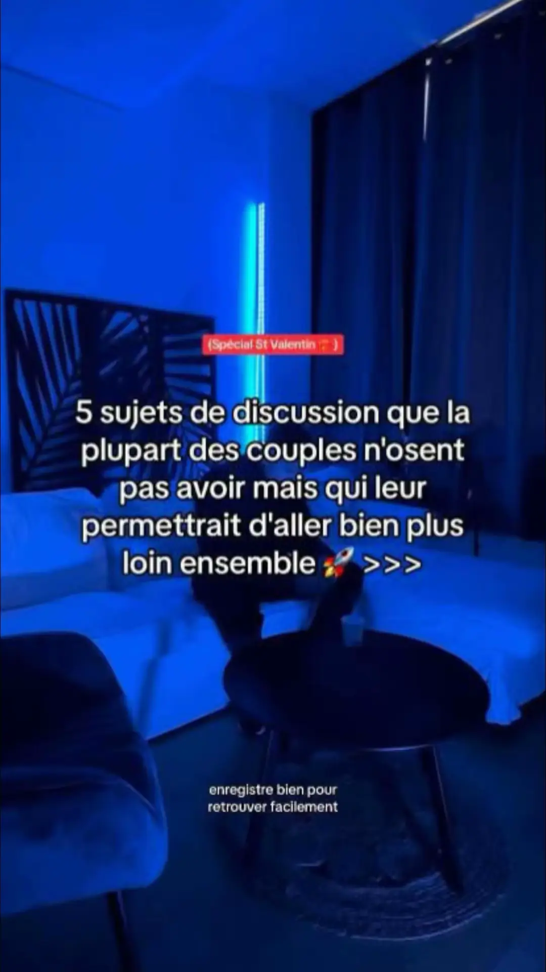 The image shows a dark, moody room with blue lighting. Text overlays provide information about discussion topics for couples. A rocket emoji and the phrase ">>>" are also included.