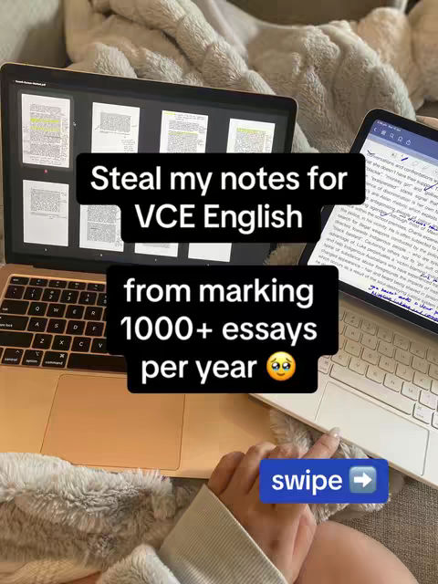 The cover image features two laptops open with screens displaying text. A hand with painted nails holding a phone is visible in the foreground. The text overlays state "Steal my notes for VCE English...from marking 1000+ essays per year". The background appears to be a fleecy blanket.