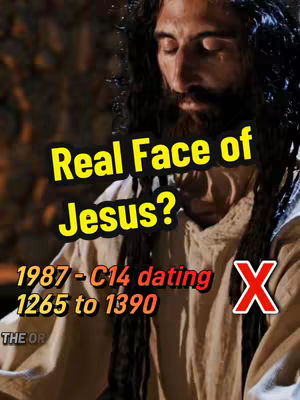 The cover image features a close-up of a man, presumably Jesus, with long dark hair and a beard, looking downwards with a solemn expression. Overlaid on the image are text elements in a yellow, textured font declaring 'Real Face of Jesus?' and subtext about carbon dating analysis. An X symbol is placed in the corner. The background is blurred, creating a sense of depth, with the man centered.