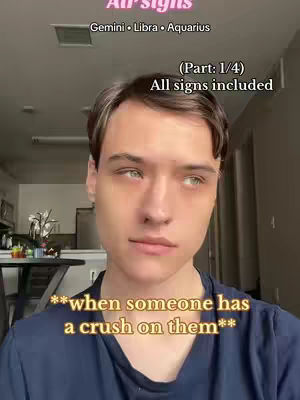A close-up shot of a young man's face, set in a domestic environment. The man has light skin, dark hair, and is looking slightly to the side. Text overlays appear at the top and bottom, indicating this is part of a series about astrological signs. The background shows a kitchen area.