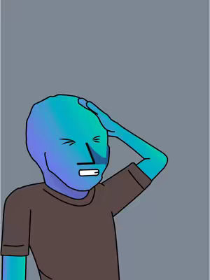 The image features a stylized cartoon character with a blue-green gradient head against a gray background, appearing to hold their head in distress. They are wearing a brown t-shirt, and their face is contorted in a frustrated expression with closed eyes and a slightly open mouth, suggesting stress or confusion.