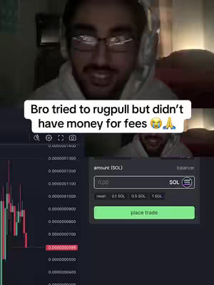 The cover image shows a man in a hoodie and glasses looking at the camera with a shocked expression. Overlaid text says 'Bro tried to rugpull but didn't have money for fees.' A screen displaying a crypto trading interface is also visible, with a chart showing a price drop.