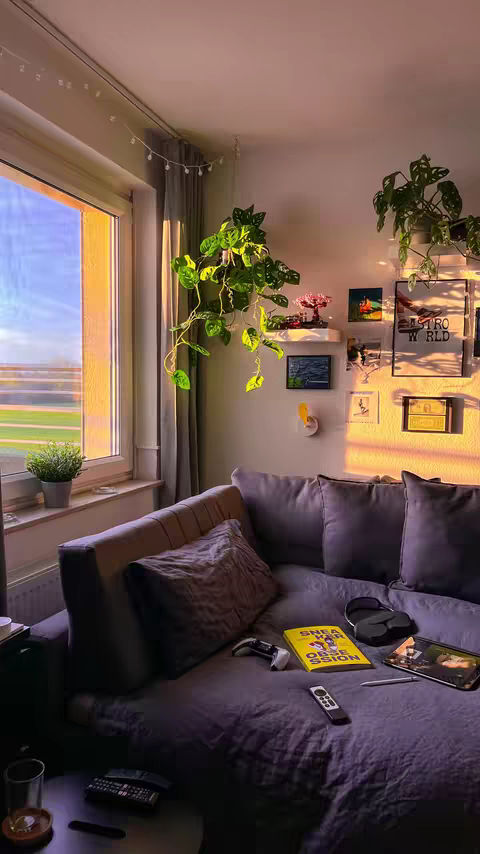 A cozy, well-lit bedroom corner bathed in sunlight. A large window with a view is on the left. A gray sectional sofa takes up most of the frame's lower half. A small side table with a lamp, glass, and a book sits on the left. The wall on the right displays a variety of framed artwork and plants, creating a warm and inviting atmosphere. The general color palette is soft, featuring shades of gray, beige, and natural green, with golden light.