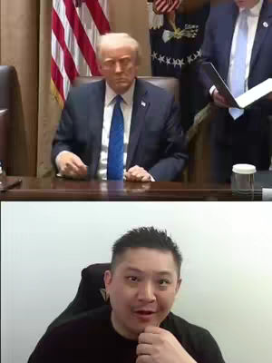 The cover image is a split-screen. The upper portion shows a video clip of Donald Trump sitting at a table with two other men in suits and ties behind him. The American flag is in the background. The lower portion shows a close-up of a man with short dark hair looking at the camera from a low angle. He is wearing a black shirt.