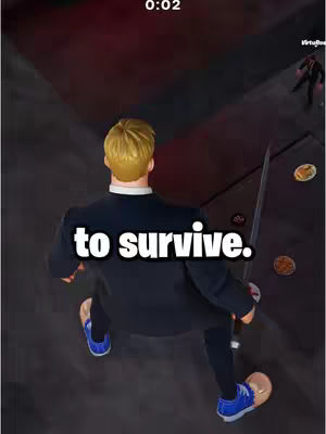 The cover image shows a character from the back, positioned at a low angle, seemingly navigating a descent or climbing down a dark, angled surface. The character is wearing a black suit, black pants, and blue shoes. A large knife is held in the character's right hand. On the left is written " to survive" in a white font with a black outline.