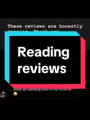 The cover image features a black background with overlaid text within colored boxes. The main text, 'Reading reviews' is in large, bold white font, centered on the screen. The text is inside a colorful box with blue and red borders. Above this box, smaller white text says 'These reviews are honestly amazing, thank you.' Below the main text, there is a comment bubble with text. A profile picture is located in the bottom left corner.