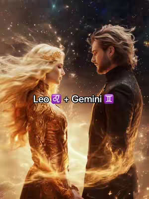 A digital artwork showing two figures facing each other in a cosmic, fantasy-like setting. A woman with long, flowing blonde hair and a golden, intricate dress stands on the left. A man with short, wavy hair and a dark outfit is on the right. Both figures appear to be made of energy or surrounded by it, and are set against a background of stars and nebulas.
