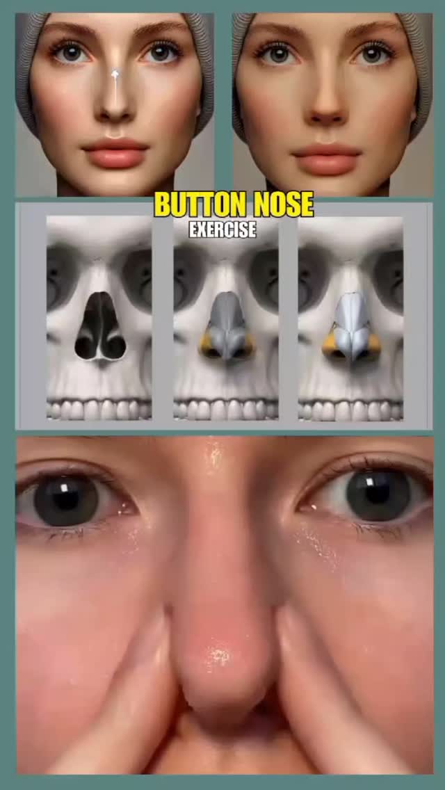 The cover image is divided into three sections. The top section features two similar portraits of a woman's face, stylized with enhanced features and a subtle background. Below, a central section displays a series of illustrations showing a skull and then evolving facial structures of the nose, presented in shades of gray and yellow, like a diagram. The bottom section showcases a close-up view of a person's face, with the nose prominently in focus, where fingers are gently pressing and shaping it against a light pink skin tone.