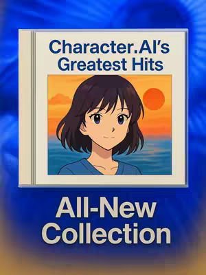 The cover image shows an anime-style illustration of a woman with short, dark purple hair and a light blue shirt. She is smiling in front of a scene of the ocean at sunset, and the image is framed by a white border. The entire picture is placed within the cover of a CD. The text includes Character.AI's Greatest Hits and All-New Collection.