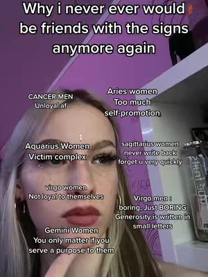 A selfie-style shot featuring a young woman with long, light-colored hair, positioned in front of a blurred purple backdrop. The woman is looking slightly off-camera with a neutral expression, her face highlighted by makeup. Overlayed text in a variety of fonts and sizes is distributed around her face, listing various zodiac signs and critical descriptions associated with them. The text is arranged to enhance the visual impact and align with the theme of the video.